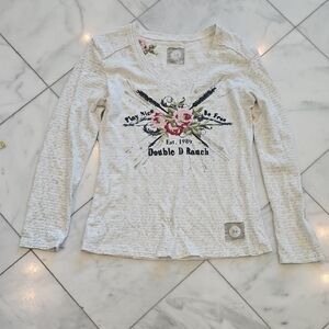 Double D Ranch White and Pink Long Sleeve Tee with Floral Design